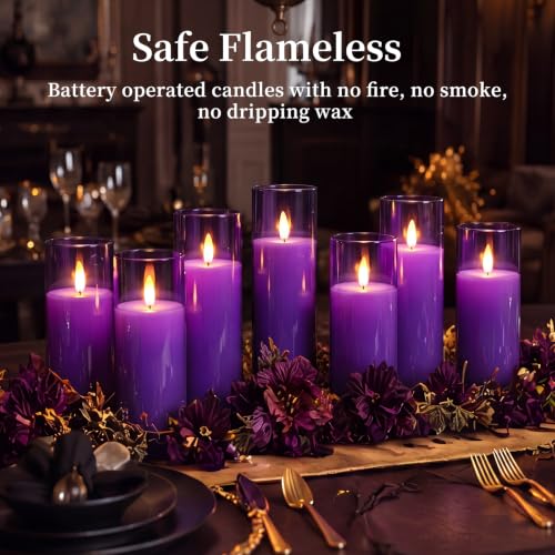 Image of Homemory Purple Battery Operated Flameless Candles with Remote and Timer, Flickering LED Pillar Candles, Acrylic Decorative Candles for Home Decor, Weddings, Parties and Holidays, 9 Pack