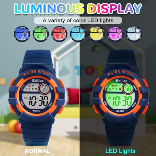 Edillas Kids Watches Digital Girls Boys, 7 Colors Light Wrist Watch for Child Waterproof Sport Outdoor Multifunctional Watches with Stopwatch/Alarm for Ages 4-122