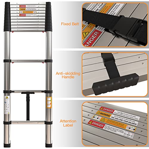 Telescoping Ladder 12.5Ft, Stainless Steel One-Button Retraction Collapsible Ladder With Stabilizer,Automatic Slow Down Technology Telescoping Ladder For Household Daily And Outdoor Working #TOP4