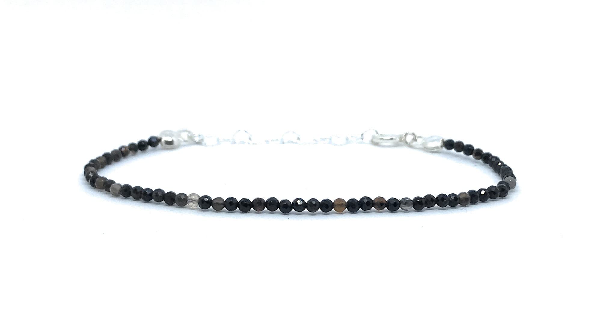 Eloboe essence Pulsera de mujer agata negra piedra natural de 2 mm de grosor plata de primera ley 925 ajustable de 16cm a 19cm.