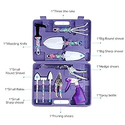 Alternative view of Garden Tools Set, JUMPHIGH 10 Pieces Gardening Tools with Purple Floral Print, Ergonomic Handle Trowel Rake Weeder Pruner Shears Sprayer, Garden Hand Tools with Carrying Case Gardening Gifts for Women