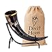 Divit - Cuerno vikingo auténtico con soporte de hierro, auténtico cuerno medieval para beber cerveza | Adornos de latón y bolsa de regalo de arpillera incluida, capacidad de (remolino tallado, pulido)