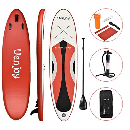 Uenjoy 11\' Inflatable Stand Up Paddle Board (6 Inches Thick) Non-Slip Deck Adjustable Paddle Backpack,Pump, Repairing kit, Red
