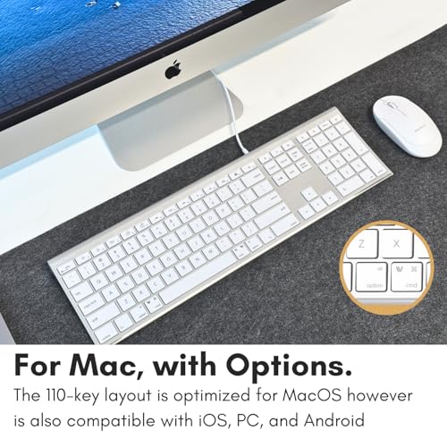 Macally USB C Keyboard (Upgraded) - Dual USB A + C Plug - Wired Keyboard for Mac - Ultra Slim, 20 Shortcuts, 110 Scissor Keys - for MacBook Pro/Air, Mac mini, iMac, iPad - Silver Aluminum