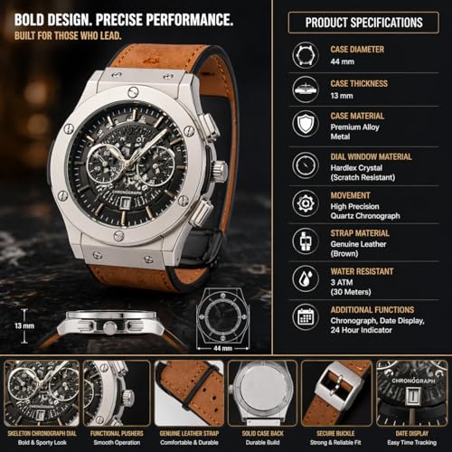 Image of Big Bang Skeleton Dial Luxury Chronograph Watch for Men, Premium Analog Wrist Watch with Mechanical Style Dial, Stainless Steel Mens Watch, Sports-Inspired Classic Luxury Watch for Men with Quartz Movement