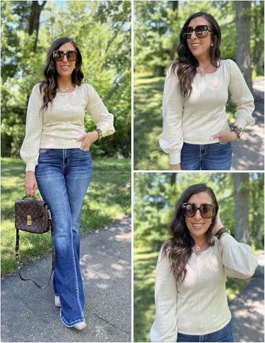Image of HOTOUCH Sweaters for Women 2026 Fall Trendy Tops Casual Puff Sleeve Square Neck Cute Tunic Pullover Blouses XS-XXL