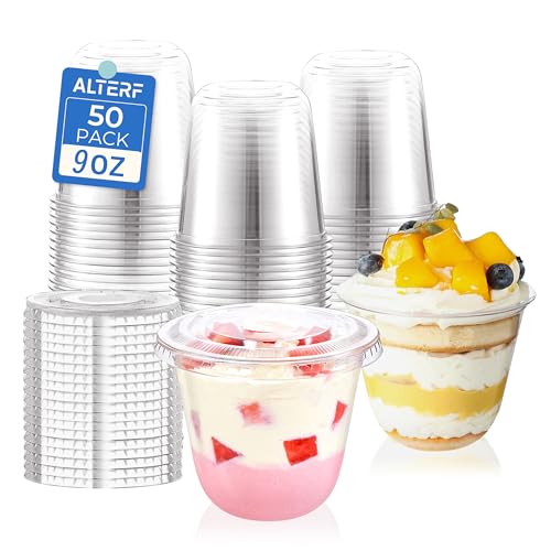 Alterf Plastic Cups with Lids - 9 Oz Dessert Cups with Lids Disposable Cups with Flat Lids No Hole for Ice Cream Pudding Cake Snacks Smoothie Fruit Dessert Yogurt Parfait - 50 Park