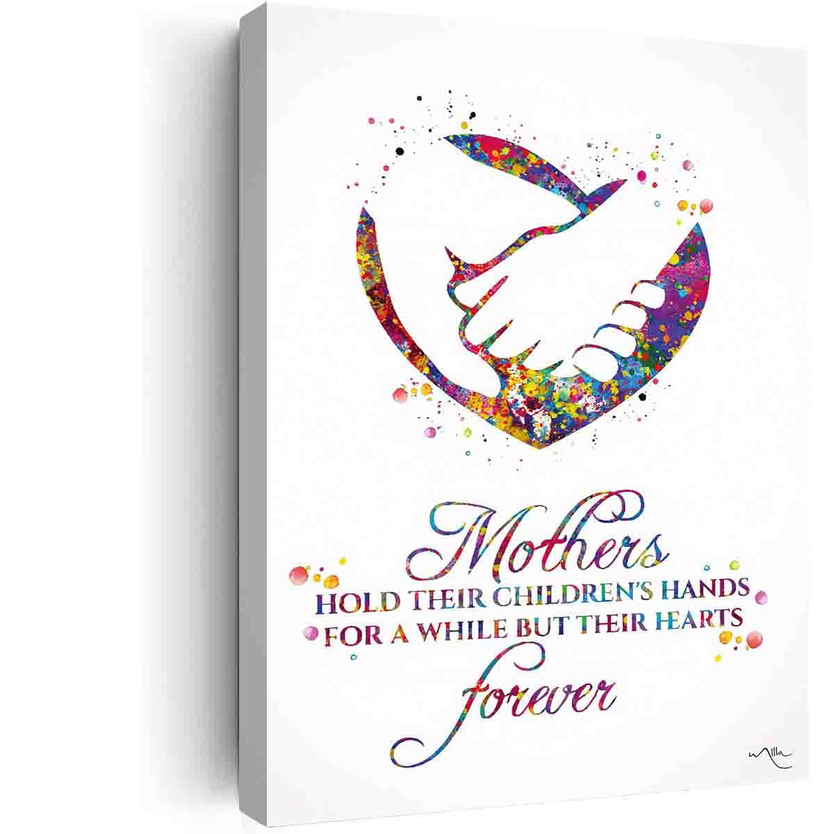 DAVUD Hanging Pictures Wall Decor,Mothers Hold Their Children's Hands Quote Watercolor Print Mother and Baby Daughter Gift Son Gift For Kids Birthday Baby Shower Nursery- 16in x20 in-Ready to hang