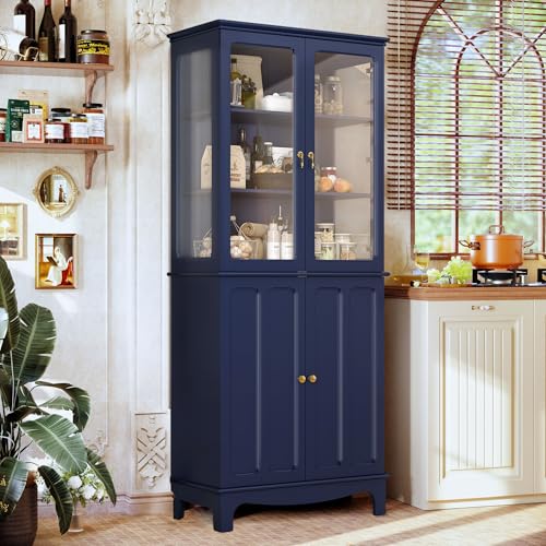 HOLTICO Armario de cocina independiente con puerta de cristal, armario alto clásico con puerta de cristal y estantes ajustables para cocina, salón y comedor (azul)