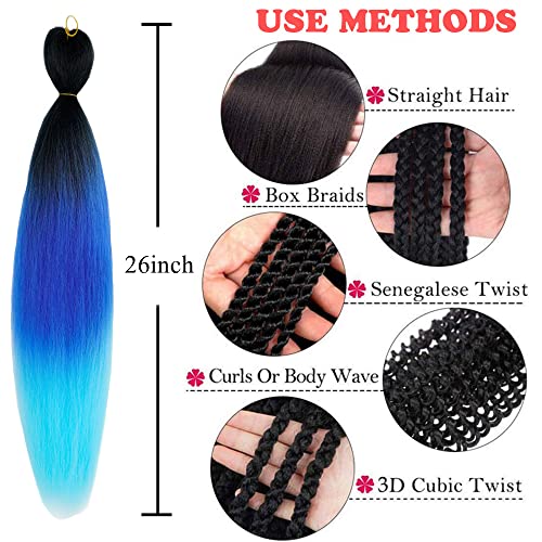 Pre Stretched Braiding Hair Extensions 26 Inch 6 Pcs Phoenixfly Omber Braiding Hair Professional Crochet Braiding Hair For Box Braids Senegal Twist Hair Extensions(Black/Blue) #TOP4