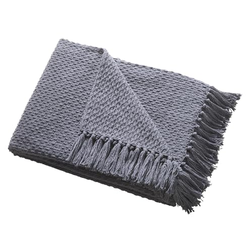 Drift Home - Plaid Anthracite avec Pompon (180 x 130 cm) - Coton recyclé Durable - Couverture tissée en Charbon - Tissage en Panier - Couverture de canapé texturée...