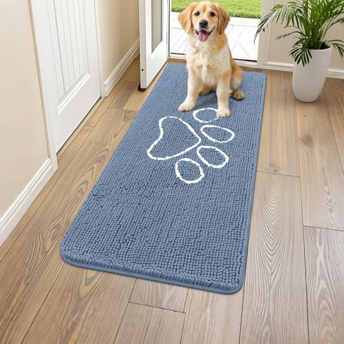 Image of Smiry Dog Door Mat for Muddy Paws, Absorbent Dirt Trapper Non Slip Quick Dry Washable Chenille Mat for Mud Dogs, Entry Rug for Indoor and Outdoor (47x24 Inches, Airy Blue and White)