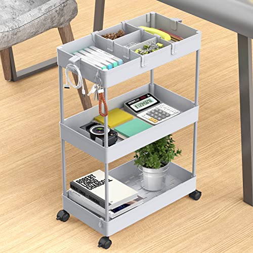 Image of SPACELEAD 3 Tier Rolling Cart with Wheels, Storage Craft Art Trolley Organizer Serving, 3 Hanging Baskets Easy Assembly, for Office, Living Room, Kitchen, Gray