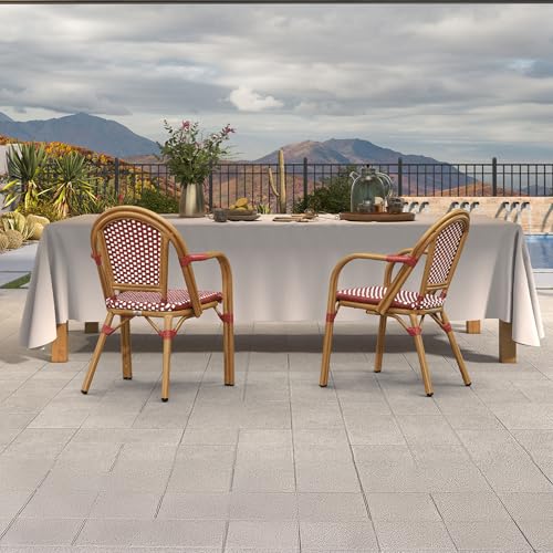 Image of PURPLE LEAF Outdoor French Bistro Armchairs Set of 2, Bamboo Finish, Red
