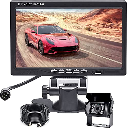 Podofo Caméra de Recul Voiture avec 7 Pouces Écran LCD Moniteur IP69 18 LED IR Vision Nocturne,pour Camping Car/Camion/RV/Remorques/Agricole Gros Fourgons Câble à 4 Broches (12V - 24V)