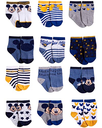 Disney Baby Boys Mickey Mouse Character Designs Socks 12 Pack (12-24 Months, Mickey Mouse Navy-Grey)
