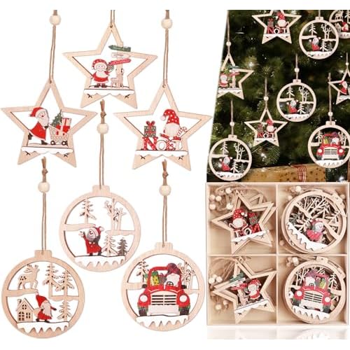 24 Pcs 4.3" Wooden Christmas Tree Pendant with Jute, 6 Styles 3D Hollow Snowy Ornaments for Christmas Tree, Hanging Rustic Ornaments for Tree Winter Holiday Hanging