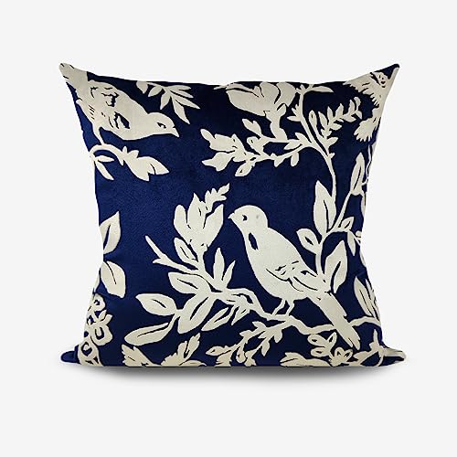 Image of Birds Designer Velvet Cushion Cover | Decorative Cushion Cover | Modern & Trendy | for Sofa Chair Bedroom | Set of 1 (16 x 16 Inch, Blue & Silver)
