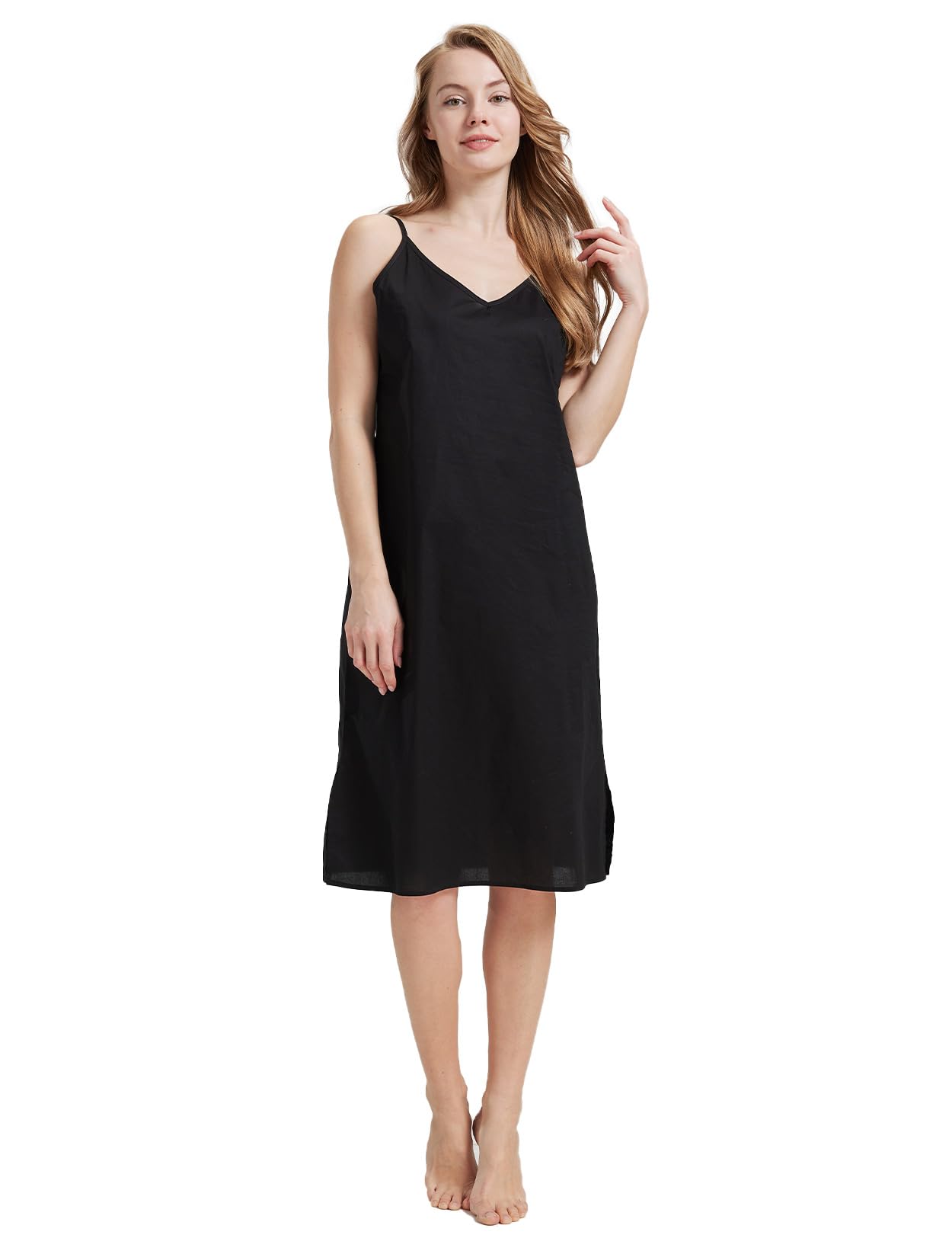 BEAUTELICATE Fond De Robe Longue Jupon sous Robe 100% Coton Légère Respirants Bretelles Chemise De Nuit Nuisette Col V De Femme Été Blanc Noir Chair