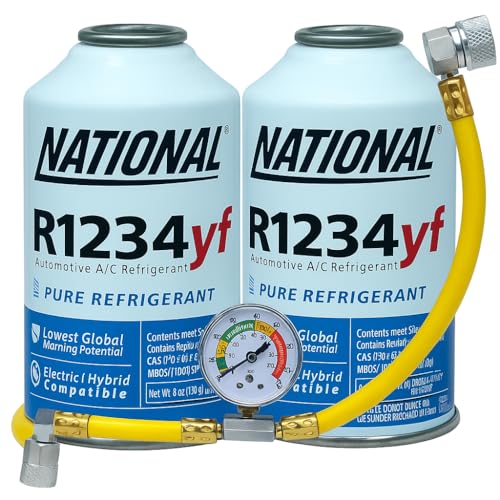 R1234yf (2) Replacement Compatible Automotive ac REFRIGERENT 8 oz cans with self Sealed Valve + Reusable Hose+ Gauge Easy use-Made in The USA Safe for Vehicles Replacing R1234YF