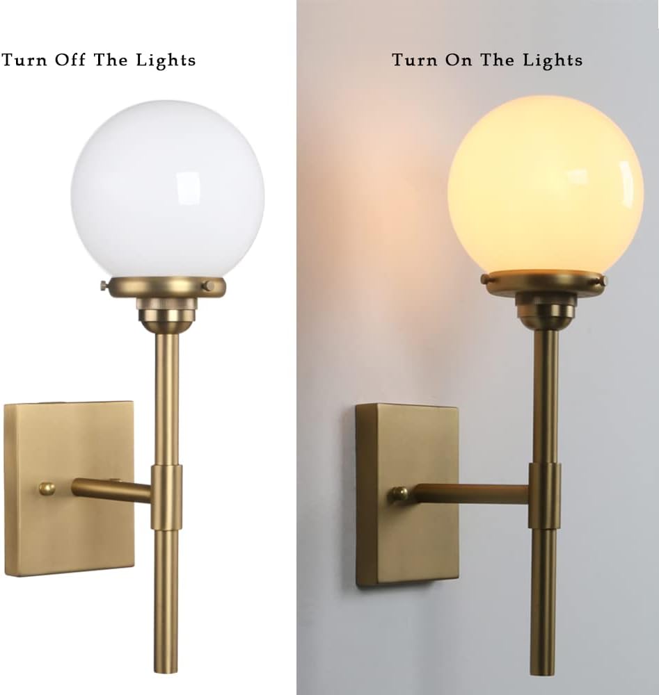 Phansthy Industrial Wall Sconce Gold Wall Sconces 1-Light Vintage Column Stand Style Wall Light with 5.9" Globe Glass Lampshade (Antique + Milk White Shade)
