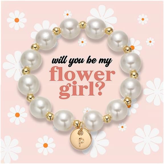 GINAZL Flower Girl Proposal Gifts, Initial A-Z Bracelet Initial Pearl Bracelets Will You Be My Flower Girl Gift