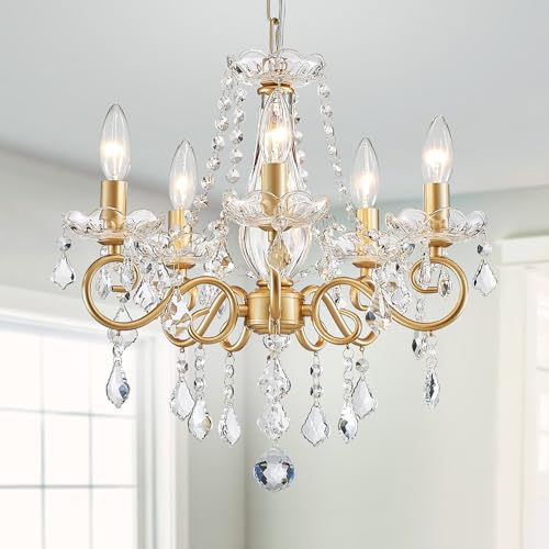 WUZUPS Chandelier Cristal Plafonnier Pendentif Flushmount Luminaire Moderne pour Chambre à Couloir Bar Cuisine Salle de Bain, H42 W43, Gold, Base E14