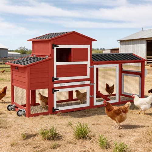 Image of Mobile Chicken Coop with Wheels for 4-6 Chickens, Large Outdoor Hen House with Run, Weatherproof Roof, Sectionable Nesting Box, Pull-Out Tray, 83.3 inch L x 26 inch W x 42 inch H - Red