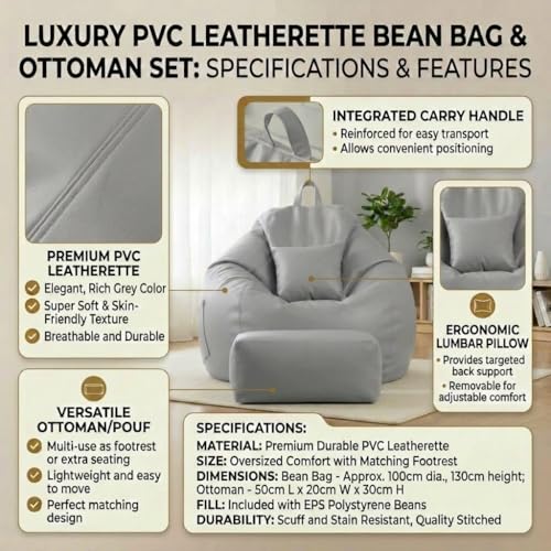 Image of KAM'S LIEU 5XL Luxury Faux Leather Bean Bag with Footrest & Cushion | Pre-Filled High-Density Polystyrene Beans | Premium Leatherette | 6 Months Warranty Color- (Grey, Without Footrest)