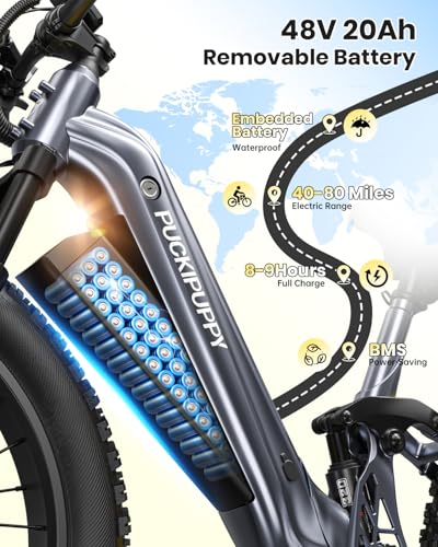 Image of PUCKIPUPPY Electric Bike for Adults 960W, 48V 20AH Battery Adult Electric Bicycles, 26 inch Fat Tire Full Suspension Step-Thru Ebike, 28MPH Mountain Ebike, 7 Speed, 80Miles Range-Boxer ST