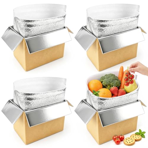 Image of Convivium 4 Pack Insulated Shipping Boxes with Aluminum Foil Liner & 4 Foil Bags, Thermal Cooler Mailing Boxes for Hot & Frozen Food Delivery (4, 8 * 5 * 6 inches)