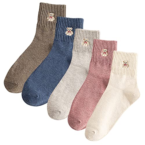 Xhonp 5 Pairs Women Socks Cute Cartoon Animal Ankle Embroidery Bear Casual for Women Socks (Colour A)