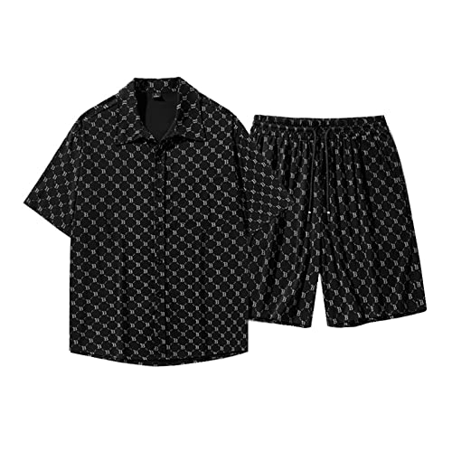 crazynekos Mens Outfit 2-Piece Set Casual Short Sleeve Shirts Pants Sweatsuit Set Summer