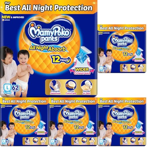 Image of Mamypoko Pants All Night Absorb|Pant Style Baby Diapers Large Size(L),62 Count,Ideal for 9-14Kgs|1 Diaper: Upto All Night Absorption|Wider Crisscross Sheet|Gentle Coco Care|12hr Leakage Protection