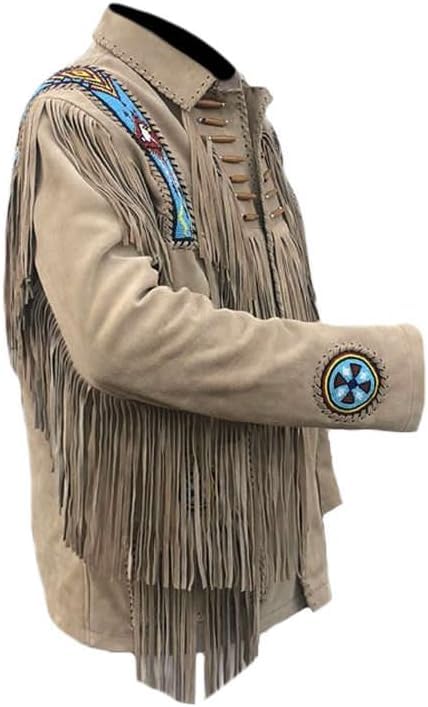 Traditional Western Genuine Suede Leather Jacket Men Native American Bead Top Brown Fringe Cowboy Jacket Sale2