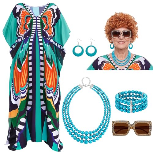 Maiteenly 6 Pcs Landlady Women Costume Curly Wig Print Caftan Dresses Jewelry Set and Sunglass for Cosplay Party(Novel)