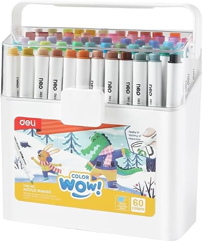 Deli Acrylic Marker Pens Set – 60 Colors, Fine Tip Paint Pens for Rock, Glass, Ceramic, Wood, Canvas, DIY Crafts