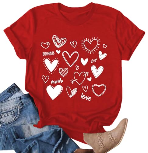Love Heart Shirts for Women Valentines Day Tshirt Cute Love Heart Tshirts Graphic Valentine Gift Tee Casual Hearts Tops (Red-a,S)