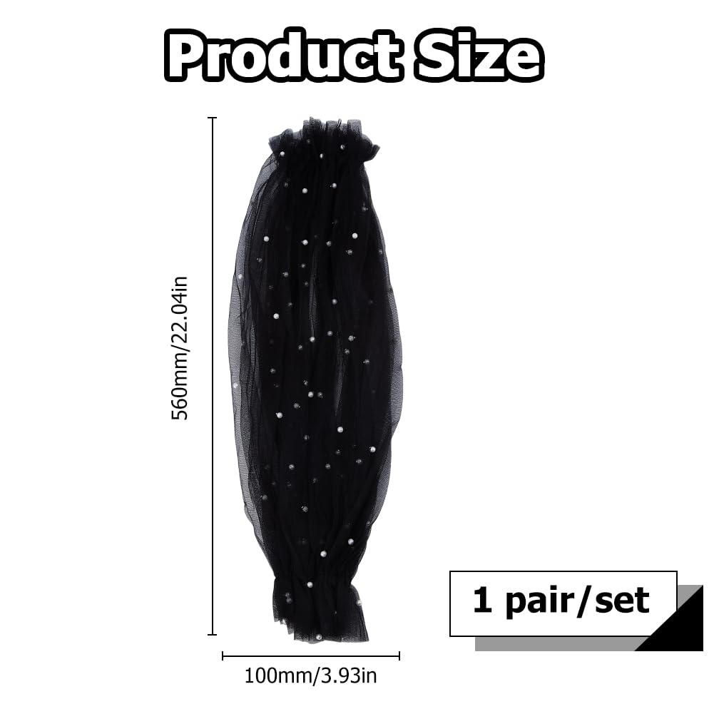 Hobbspring 2Pcs Lace Puff Sleeves Removable Tulle Sleeves Black Pearls Beaded Mesh Puff Arm Sleeves Long Tulle Sleeves for Women Wedding Dress Prom Opera Theme Evening Party - Image 2