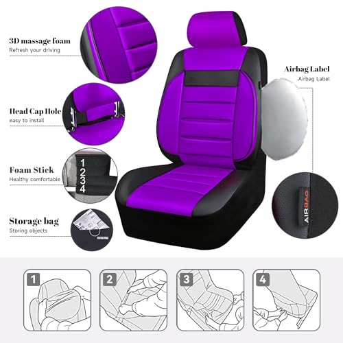 Image of CAR PASS Leather Seat Covers Full Set Universal Water Resistant 3D Foam Back Support, Luxury Comfort Automotive 5 Seat Covers All Season Fit for SUV,Sedan,Van, Airbag Compatible Elegance(Purple Black)