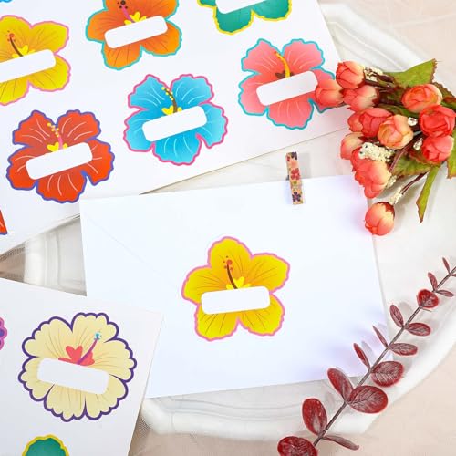 Image of Whaline 90Pcs Hibiscus Flower Name Tag Stickers Colorful Floral Blank Nameplate Decals 9 Styles Self-Adhesive Name Labels for Summer Hawaiian Classroom Students Desk Office Decor