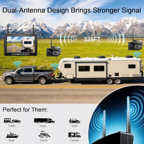 Image of Fookoo Dual HD Magnetic Solar Wireless Backup Cameras: 7 inch Monitor w /BSD