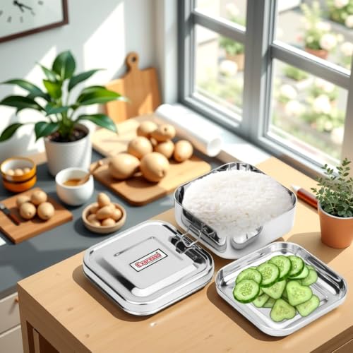 Image of Expresso Steel Tiffin Box for Office | Stainless Steel Lunch Box, 300 ML with Inner Plate | Traditional Design Glossy Finish Steel Box in Silver