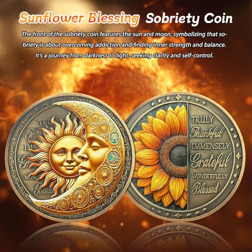 sunflower blessing sobriety coin - affirmation sun and moon aa coins - recovery addiction na aa chips and medallions - celebrate living clean narcotics alcoholics anonymous gifts for men women