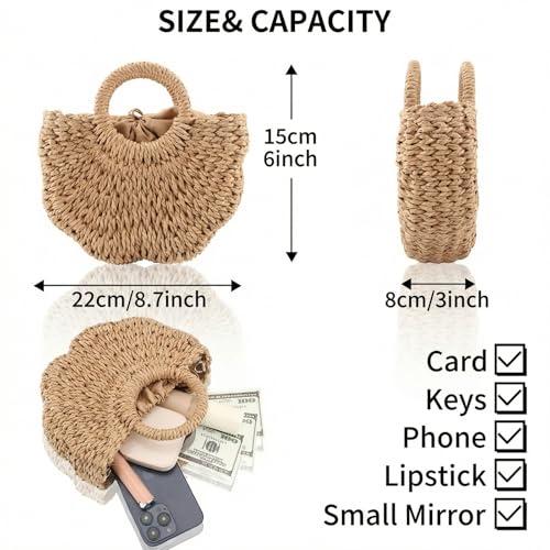 Image of Rattan Handmade Straw Tote Handbag Beach Shoulder Bag Summer Beach Rattan Bag Straw Bag