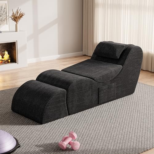JUMMICO Yoga Chair Lounge Fitness Exercise Sofa with Side Pocket Ergonomic Yoga Equipment for Women Headrest Lumber Pillow Ottoman High Resilience Foam Used in Living Room Bedroom (Black)