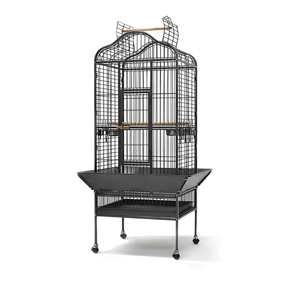 Foldable Metal Bird cage for Grey Parrot,Indian Parrot, Cocktail, Conures,Amazon,cuckatoo with Stand,Wheel,Open top, Tray - L:82.5cm x B:77.5cm x H:156 cms/bar spacing 25mm- Wrought Black Colour-image-18