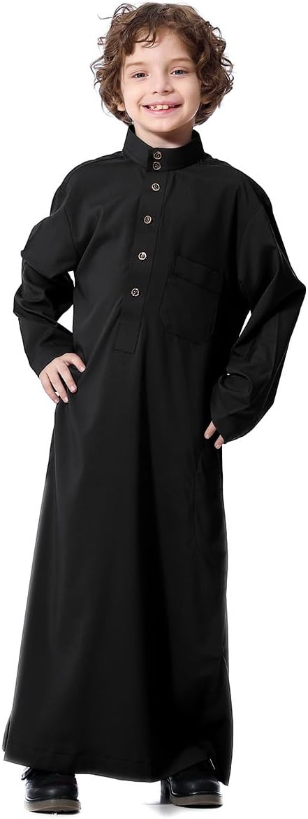 FYMNSI Arabic Thobe For Muslim Boys Robes Long Sleeve Kaftan With Pockets Solid Color Middle East Abayas Dubai Clothing 4-14T