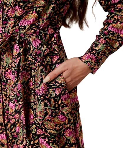 Image of Women's Long Sleeve Button Up Midi Belt Shift Collar Dress with Pockets for Work Office Business