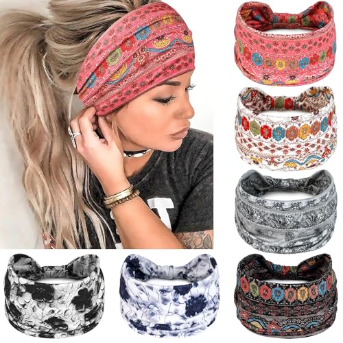 Image of AWUMBUK Wide Headbands for Women Knotted No Slip Head Bands Soft Turban Headband Hair Accessories Boho African Solid Color Head Wraps for Women Yoga Workout Pack of 6(Boho)